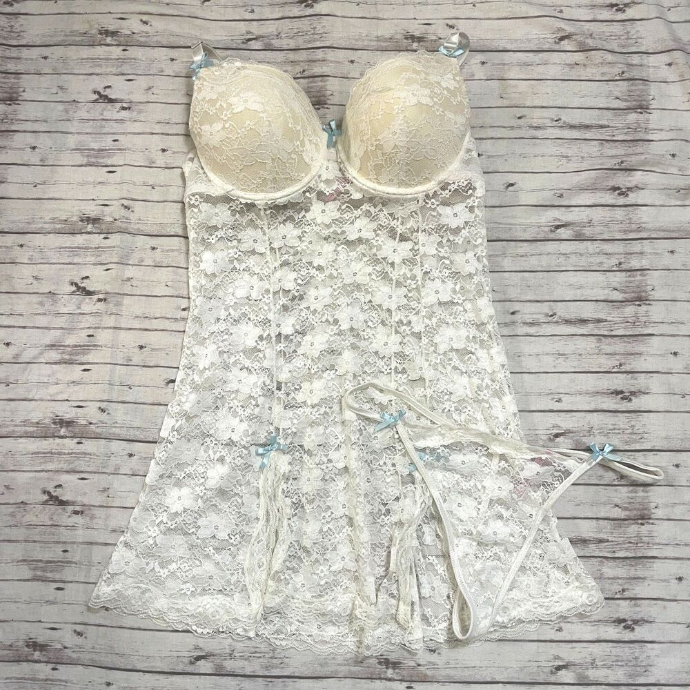 Native Intimates White Blue Bow Nightgown Built in Bra 40C Lace Skirt Peek A Boo